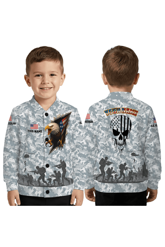 Custom Veteran Baseball Jacket, Camo Skull Art Eagle Baseball Jacket, Patriotic Veteran Valentine Jacket Gift