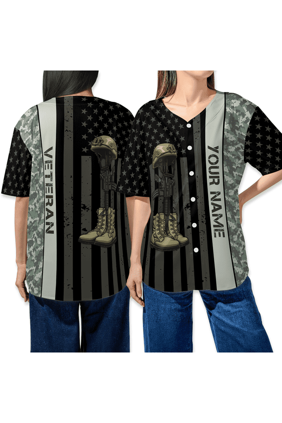 Custom Veteran Baseball Jersey Shirt – Personalized Military Tribute Tee with American Flag, Combat Boots, Helmet Design, Camouflage Sleeves, Perfect Gift for Veterans