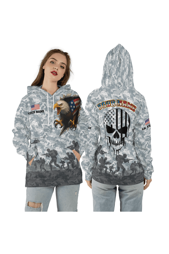 Custom Veteran Eagle Skull 3D Hoodie, Camo Skull Eagle 3D Hooded Sweatshirt, Military Camo Patriot Veteran Cutsom 3D Print Hoodie