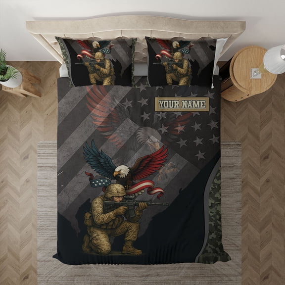 Custom Veteran Soldier Eagle American Flag Bedding Set – Custom Name Military American Soldier Bed Set