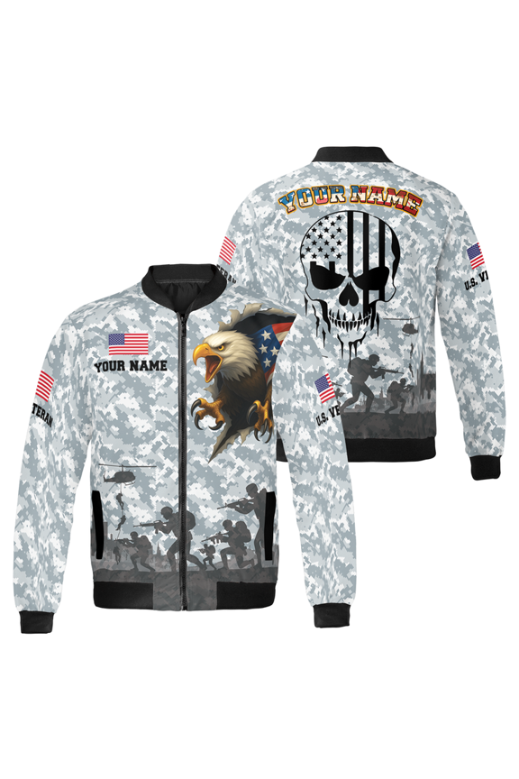 Custom Veteran Tactical Bomber Jacket – Military Camo Zip-Up with Eagle & Skull Flag Design – Personalized U.S. Army Tribute Coat
