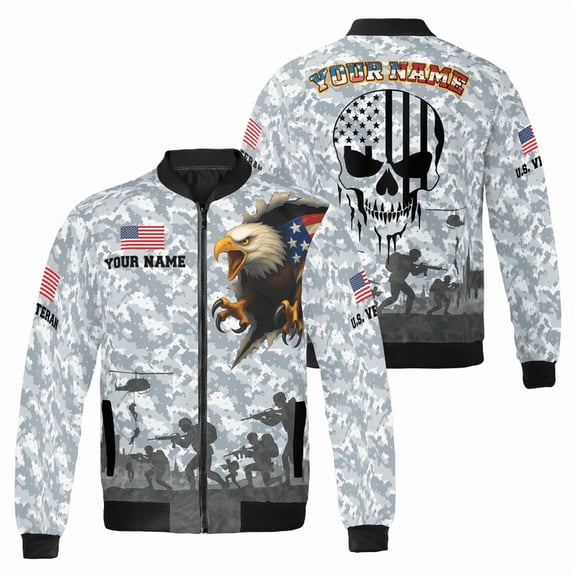 Custom Veteran Tactical Bomber Jacket – Military Camo Zip-Up with Eagle & Skull Flag Design – Personalized U.S. Army Tribute Coat