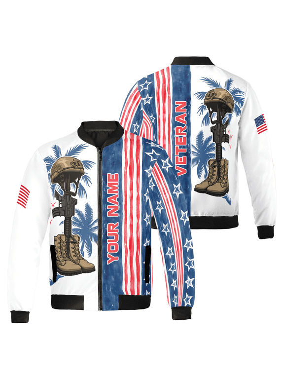 Custom Veterans Day Bomber Jacket – Battle Cross Design for Veterans – Memorial Day - Personalized Military Tribute with Name