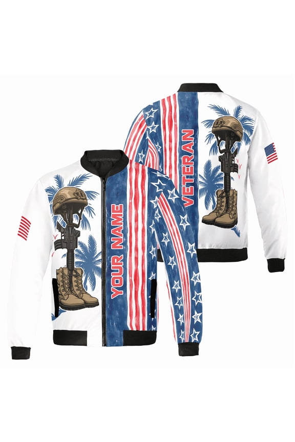 Custom Veterans Day Bomber Jacket – Battle Cross Design for Veterans – Memorial Day - Personalized Military Tribute with Name