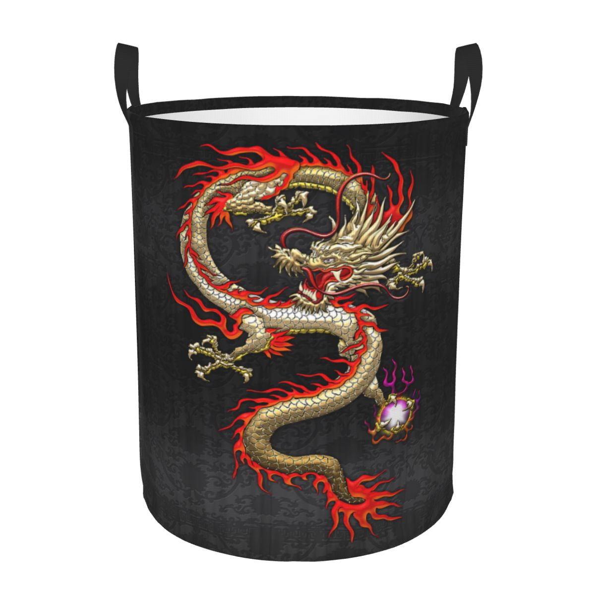 Golden Chinese Dragon Floral Print Laundry Basket