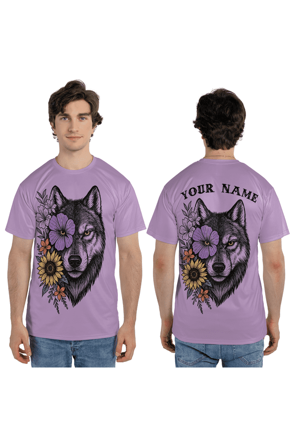 Custom Vintage Floral Wolf Custom 3D T-Shirt, Spiritual Wolf Custom 3D Tee, Purple Animal Flower Pattern 3D Print Tee