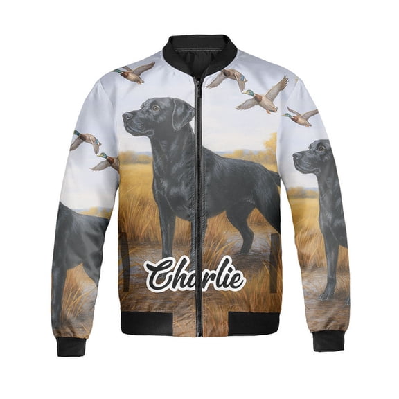 Custom Vintage Labrador Dog And Ducks Bomber Jacket – Personalized Name, Unisex Hunting & Outdoor Jacket for Dog Lovers
