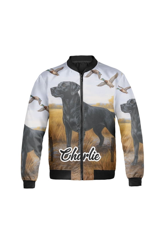 Custom Vintage Labrador Dog And Ducks Bomber Jacket – Personalized Name, Unisex Hunting & Outdoor Jacket for Dog Lovers
