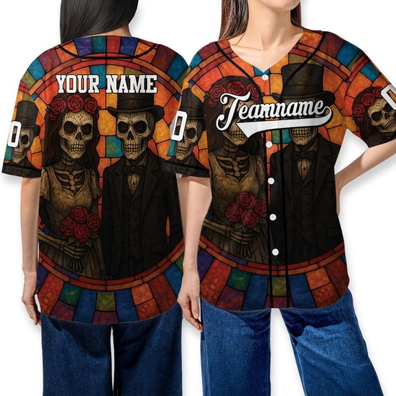 Custom Vintage Skeleton Couple Baseball Jersey – Personalized Day of the Dead Stained Glass Art Print Halloween Spooky Vibes Baseball Shirt
