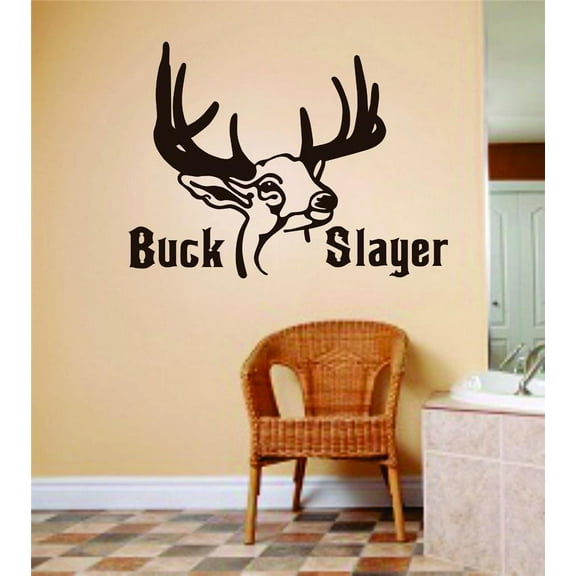 Custom Wall Decal Buck Slayer Letters With Deer / Buck Head Image Animal Hunting Hunter Man Gun Sticker Vinyl Wall 16 X 32"