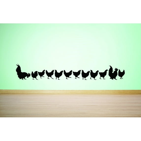 Custom Wall Decal : Chickens Family In Line Silhouette 10x20 Inches
