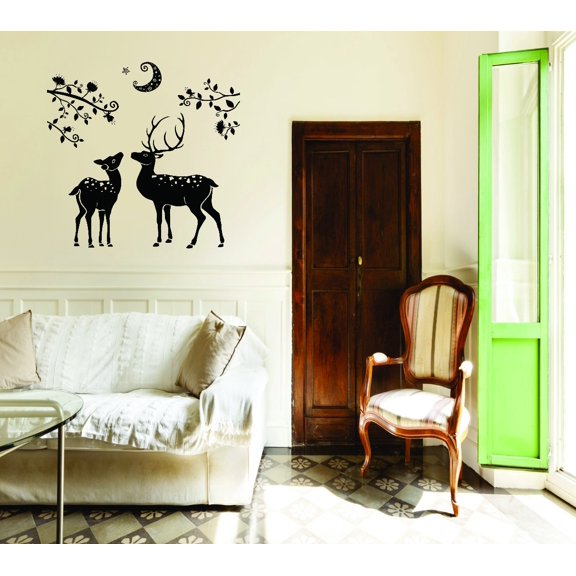 Custom Wall Decal : Deers At Night Moon Tree Branch Flower Scene 20x30"