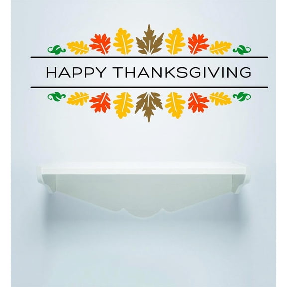Vinyl Wall Decal Sticker : Happy Thanksgiving Day Holiday Sign Fall Leaves Home Decor Living Room Picture Art 12x24