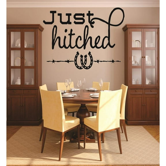 Custom Wall Decal : Just Hitched Western Cowboy Cowgirl Horseshoe Wedding Marriage Living Room Bedroom Home 12x18"