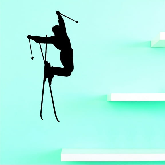 Custom Wall Decal Skier Leaping Skiing Girl Boy Silhouette Sports Vinyl Wall Sticker 14x28"