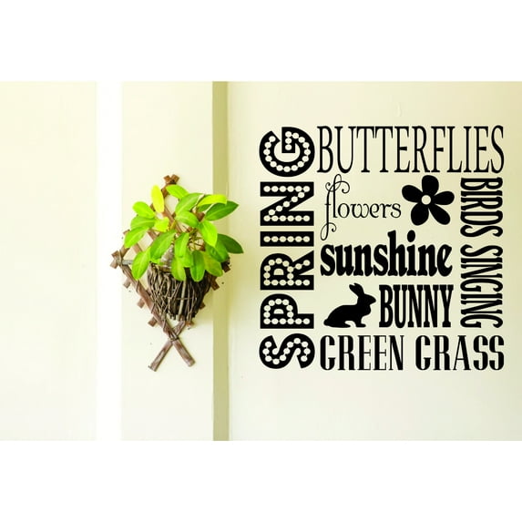 Custom Wall Decal : Spring Butterflies Flowers Sunshine Bunny Birds Singing Grass Seasonal Quote 12x12 Inches