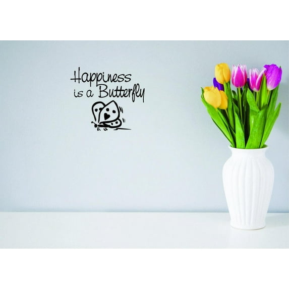 Custom Wall Decal Sticker Happiness Is A Butterfly Text Lettering Life Quote Bedroom Living Room Home Decor :18 X18"