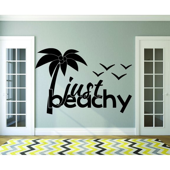 Custom Wall Decal Sticker : Just Beachy Palm Tree Birds Vaction Life Quote 20x30"