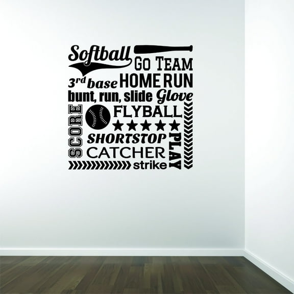 Custom Wall Decal Sticker : Softball Go Team 3rd Base Home Run Bunt, Run, Slide Glove Score Flyball Shortstop Catcher Play Quote 20x20"