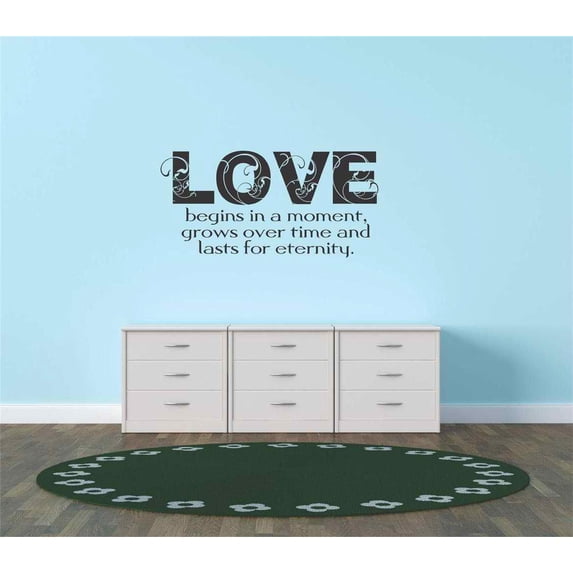 Custom Wall Decal Vinyl Sticker : Love Begins In A Moment, Grows Over Time And Last For Eternity. Inspirational Life Quote 10x20