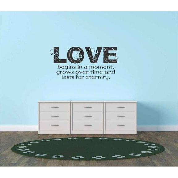 Custom Wall Decal Vinyl Sticker : Love Begins In A Moment, Grows Over Time And Last For Eternity. Inspirational Life Quote 15x30