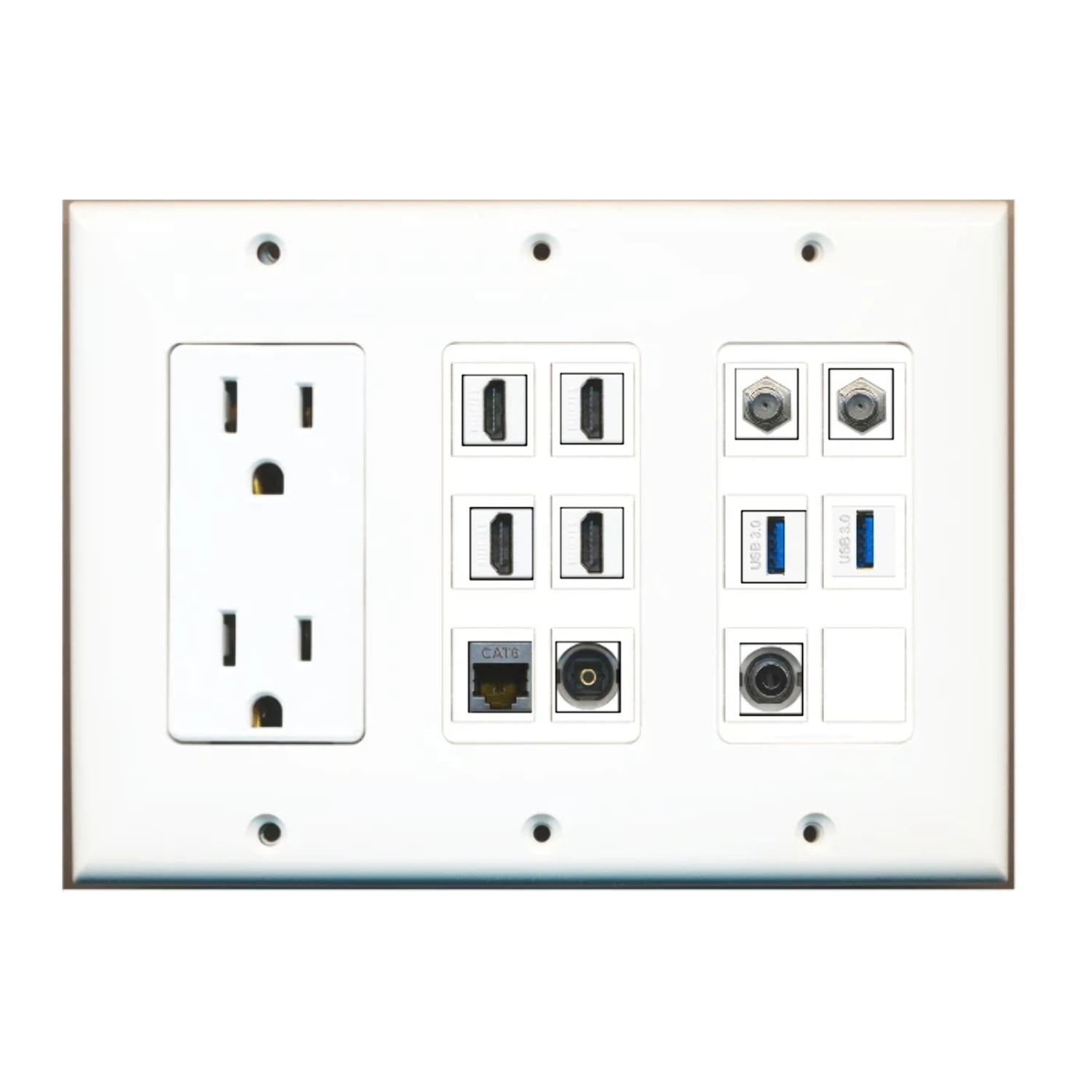 Custom Wall Plate 15 Amp Power Outlet White with up to 12 Keystone