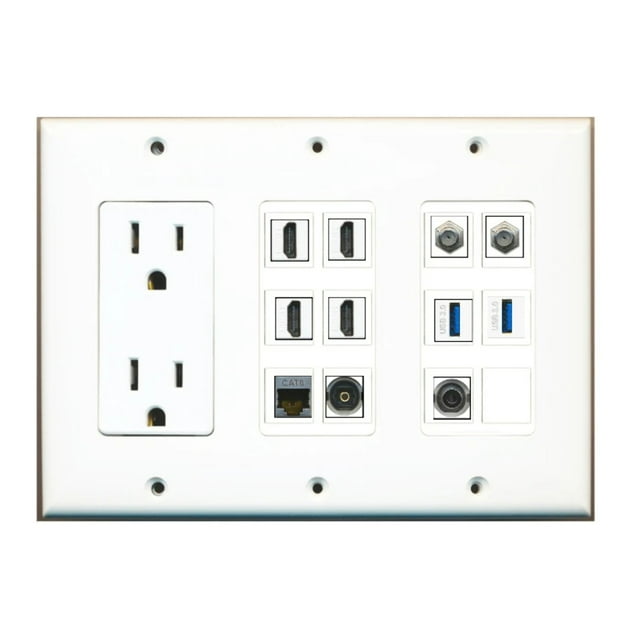 Custom Wall Plate 15 Amp Power Outlet White with up to 12 Keystone Ports