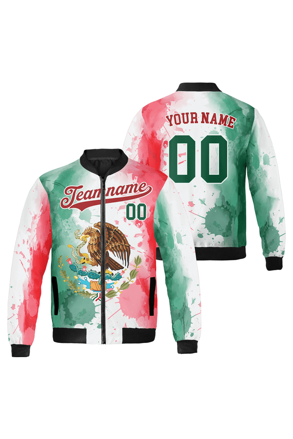 Custom Watercolor Mexico Flag Bomber Jacket - Personalized Eagle & Flag Design, Mexican Pride Outerwear Jacket