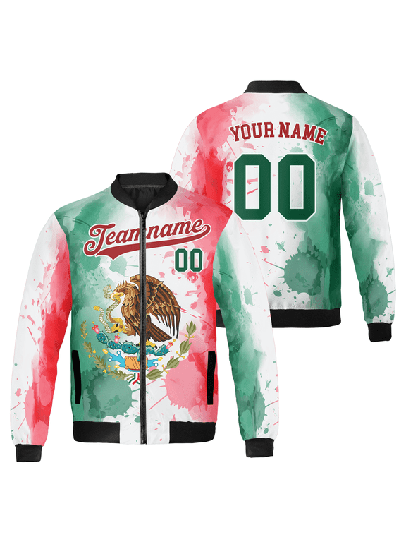 Custom Watercolor Mexico Flag Bomber Jacket - Personalized Eagle & Flag Design, Mexican Pride Outerwear Jacket