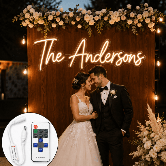 Custom Wedding Neon Sign with Remote Dimmer, Personalized Last Name LED Light for Outdoor Reception Backdrop, Wedding Wall Decor & Anniversary Gift