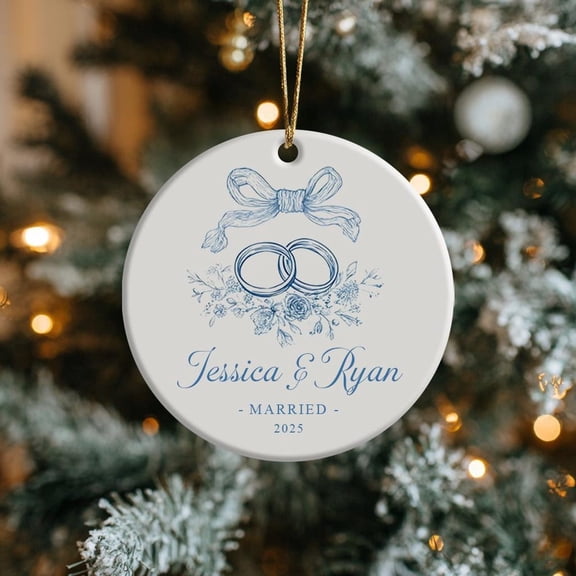 Custom Wedding Ornament 2025 - Ceramic Christmas Tree Decor with Couple’s Names and Floral Ring Design - Newlywed Gift Keepsake