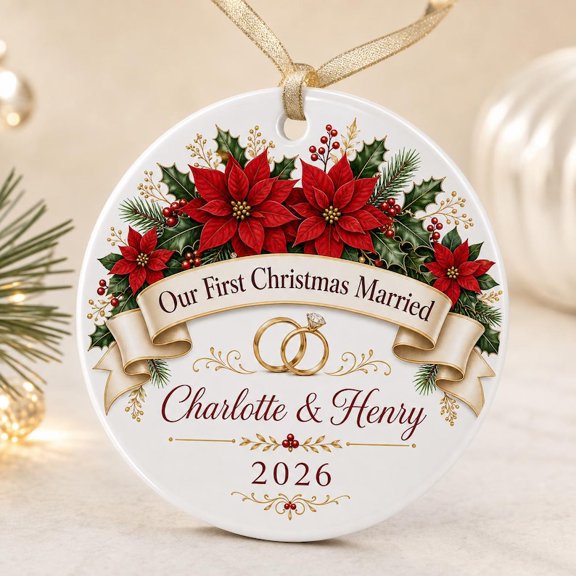 Custom Wedding Photo Ceramic Ornament with Custom Couple Names and Special Date, Custom Wedding Ornament, Christmas Tree Decor and Marriage Keepsake for Couples, Partners or Anniversary Celebrations