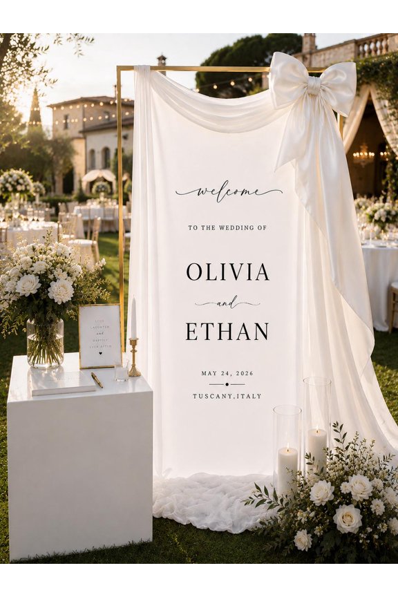 Custom Wedding Welcome Banner, Personalized Satin Fabric Sign with Names and Date for Ceremony Decor
