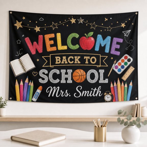 Custom Welcome Back To School Tapestry, Personalized Teacher Name Classroom Banner, Back T