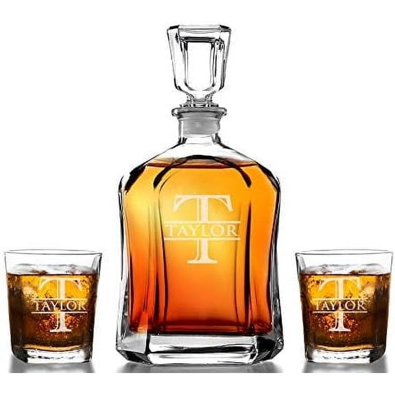 Custom Whiskey Decanter Set Bourbon for Men Groom Groomsmen Proposal Vintage Fathers Day Grandpa Grandma Anniversary Birthday Scotch Glasses Drinkware College Graduation Engraved Monogram
