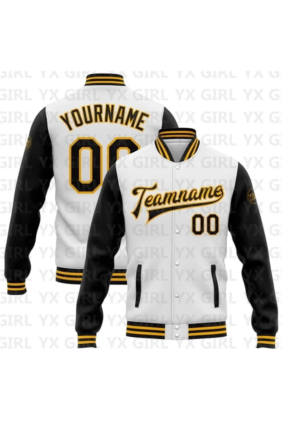Custom White Black-Gold Bomber Full-Snap Varsity Letterman Two Tone Jacket 3D Baseball But