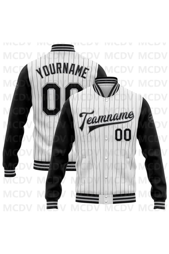 Custom White Black Pinstripe Gray Bomber Full-Snap Varsity Letterman Two Tone Jacket Baseb