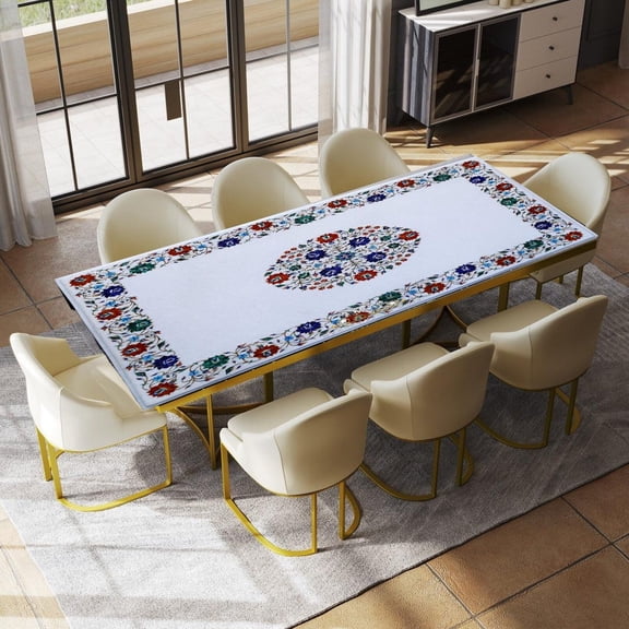 Custom White Marble Inlay Art Table Top – Elegant Marble Coffee Table, Decorative Office & Coffee Shop Tables-36x60 Inch