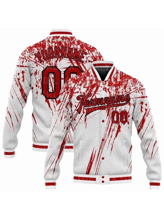 Custom White Red-Black 3D Pattern Design Bomber Full-Snap Varsity Letterman Jacket Basebal