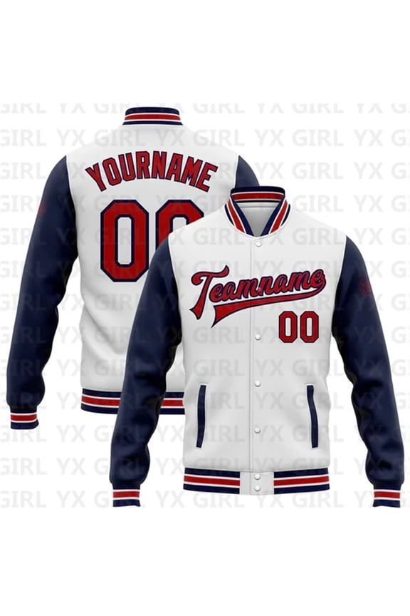 Custom White Red-Navy Bomber Full-Snap Varsity Letterman Two Tone Jacket 3D Baseball Butto