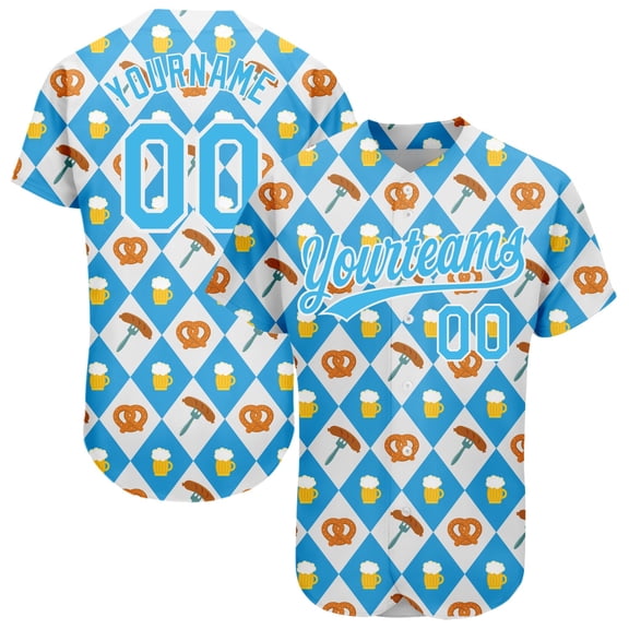 Custom White Sky Blue 3D Pattern Design Beer Festival Authentic Baseball Jersey - Hot Sale