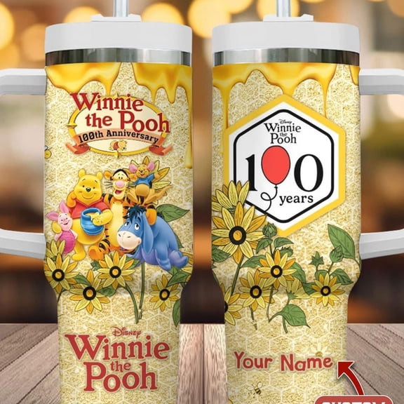 Custom Winnie The Pooh 100th Anniversary Tumbler 40oz, Pooh Tigger Eeyore 2026 Cup, Personalized CARTOON 100 Years Friendship Tumbler