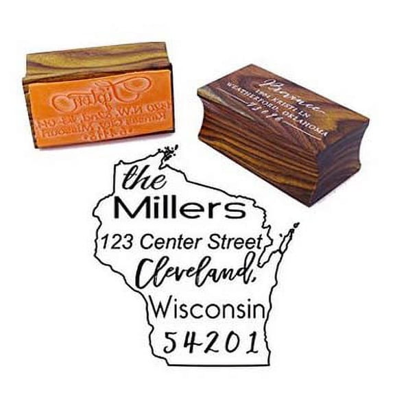 Custom Wisconsin State Map Stamp Return Address Wood Mounted Rubber Stamp Gift Idea