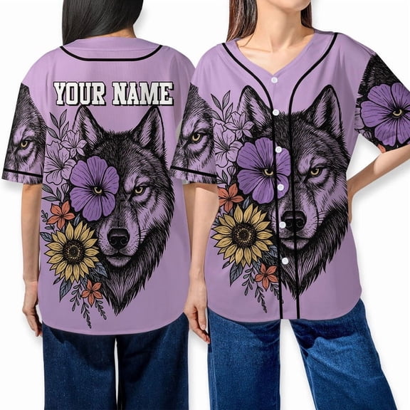Custom Wolf Floral Baseball Jersey – Personalized Animal Shirt with Sunflower & Purple Flower Design – Unique Button Up Baseball Shirt for Women & Men
