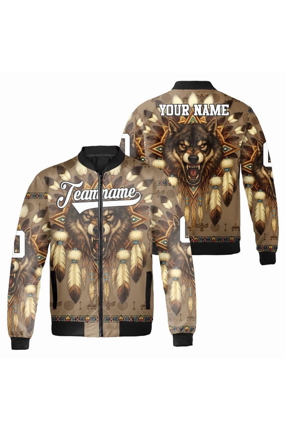 Custom Wolf Tribal Bomber Jacket - Wolf and Feathers Design Outerwear - Personalized Name & Team Amerian Tribal Unisex Button-Up Jacket