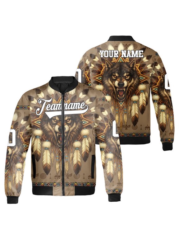 Custom Wolf Tribal Bomber Jacket - Wolf and Feathers Design Outerwear - Personalized Name & Team Amerian Tribal Unisex Button-Up Jacket
