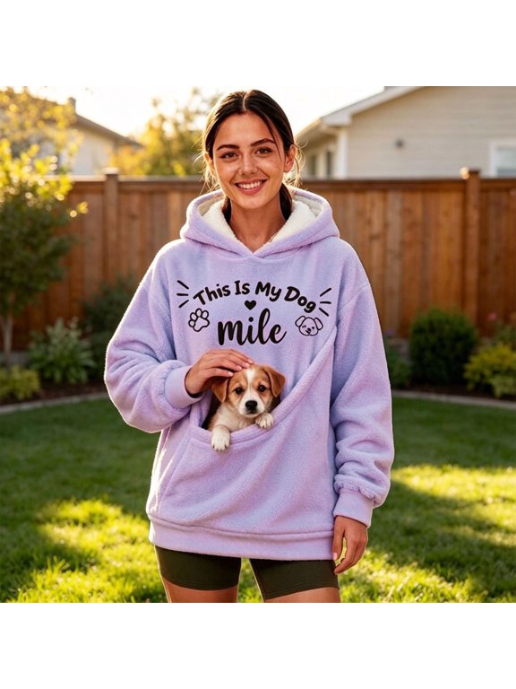 Custom Women Hoodie Flannel Pouch For Cats And Small Cozy Pullover Sweatshirt Soft Warm Lined Pocket(Purple,XXL)