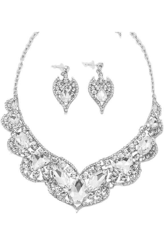 Custom Women's Fashion Premium Jewelry Set Royatly Rhinestone Crystal Statement Rib Necklace Teardrop Dangle Earrings[k690]