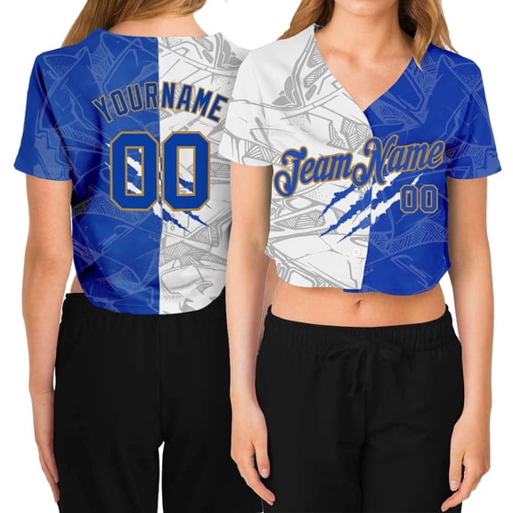 Custom Women's Graffiti Pattern Royal-Old Gold Scratch 3D V-Neck Cropped Baseball Jersey -