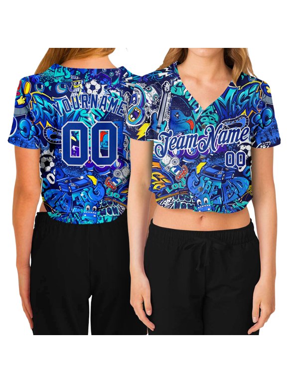 Custom Women's Graffiti Pattern Royal-White Abstract Urban Street Art 3D V-Neck Cropped Ba